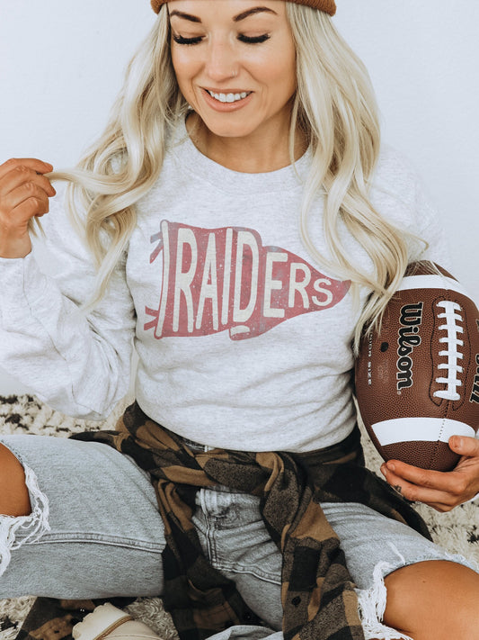 Raiders pennant mascot, Varsity Red game day football, football mom crewneck, cute game day sweatshirt, Heather ash unisex sweatshirt