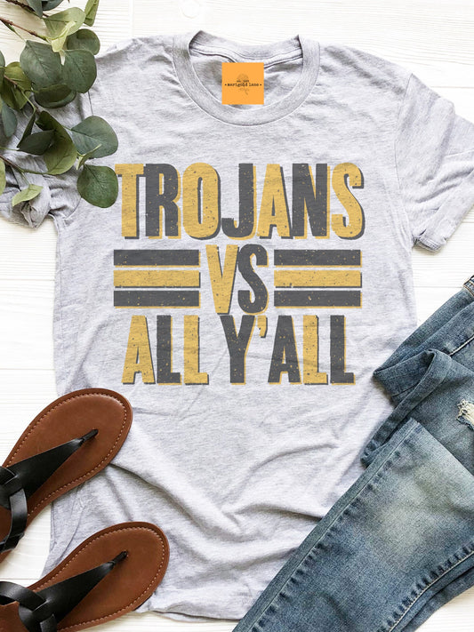 Trojans vs all y’all mascot, black and gold bulldogs tshirt, cute game day tshirt, small town big Pride tshirt unisex cut tshirt