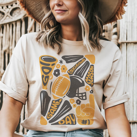 Preppy Football tshirt, retro black and gold football tshirt, football mom tshirt, coquette game day tshirt, mascot tshirt, unisex tshirt