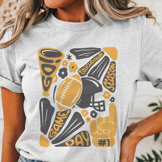 Preppy Football tshirt, retro black and gold football tshirt, football mom tshirt, coquette game day tshirt, mascot tshirt, unisex tshirt