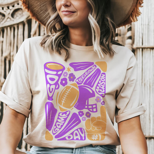 Preppy Football tshirt, retro purple and gold football tshirt, football mom tshirt, coquette game day tshirt, mascot tshirt, unisex tshirt