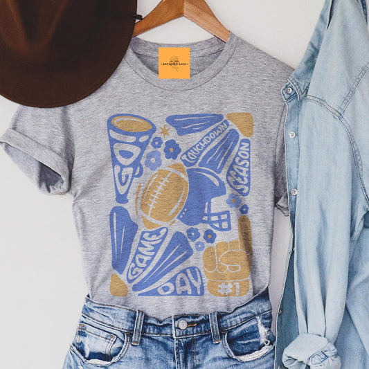 Preppy Youth Football tshirt, retro blue and gold football tshirt, football mom tshirt, coquette game day tshirt, youth tshirt