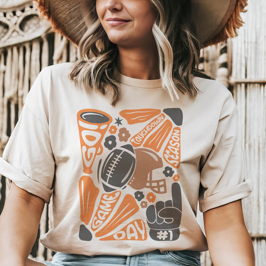 Preppy Football tshirt, retro orange and black football tshirt, football mom tshirt, coquette game day tshirt, mascot tshirt, unisex tshirt