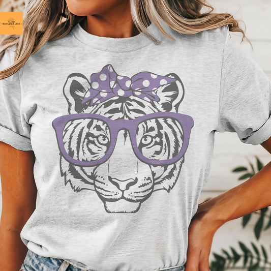 Tigers Purple bow and glasses game day mascot, football tshirt, football mom tshirt, cute game day tshirt, mascot tshirt heather ash tshirt