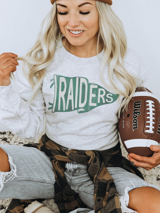 Raiders pennant mascot, Varsity Green game day football, football mom crewneck, cute game day sweatshirt, Heather ash unisex sweatshirt