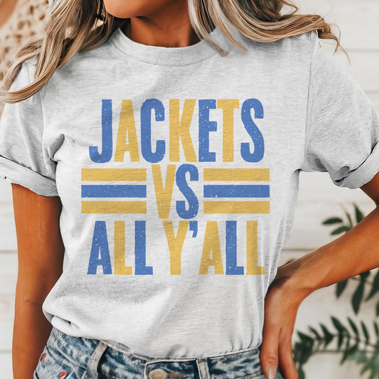 Jackets vs all y’all mascot, blue and gold yellowjackets tshirt, cute game day tshirt, small town big Pride tshirt heather ash tshirt