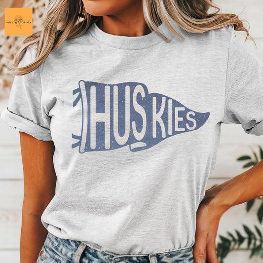 Huskies pennant mascot, Huskies blue game day football tshirt, football mom tshirt, cute game day tshirt, mascot unisex tshirt