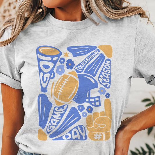 Preppy Football tshirt, retro blue and gold football tshirt, football mom tshirt, coquette game day tshirt, mascot tshirt, unisex tshirt