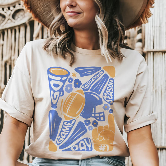 Preppy Football tshirt, retro blue and gold football tshirt, football mom tshirt, coquette game day tshirt, mascot tshirt, unisex tshirt
