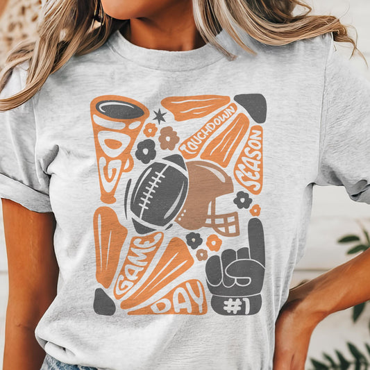 Preppy Football tshirt, retro orange and black football tshirt, football mom tshirt, coquette game day tshirt, mascot tshirt, unisex tshirt