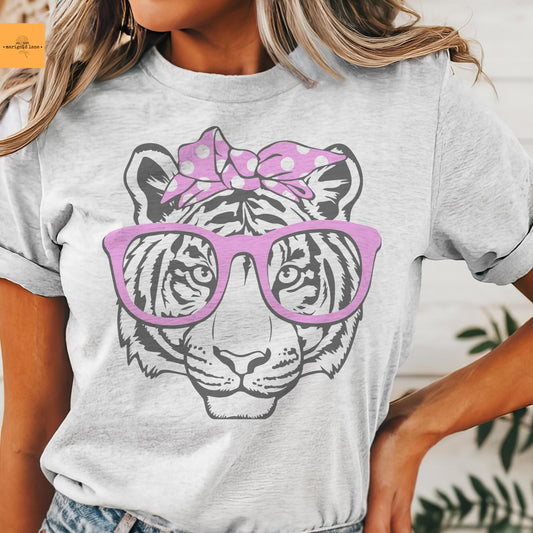 Tigers pink bow and glasses game day mascot, football tshirt, football mom tshirt, cute game day tshirt, mascot tshirt heather ash tshirt