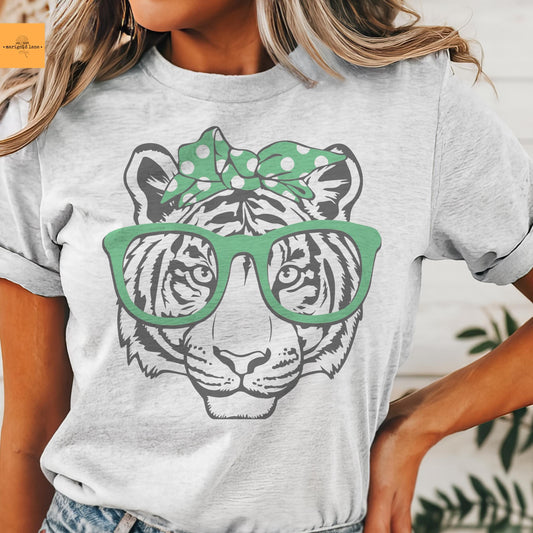 Tigers green bow and glasses game day mascot, football tshirt, football mom tshirt, cute game day tshirt, mascot tshirt heather ash tshirt