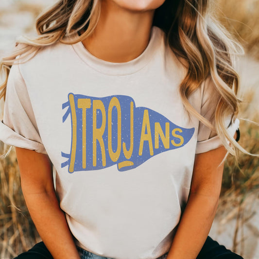 Trojans blue & gold pennant mascot, Trojans Mascot game day football tshirt, football mom tshirt, cute game day tshirt, mascot unisex tshirt