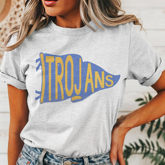Trojans blue & gold pennant mascot, Trojans Mascot game day football tshirt, football mom tshirt, cute game day tshirt, mascot unisex tshirt