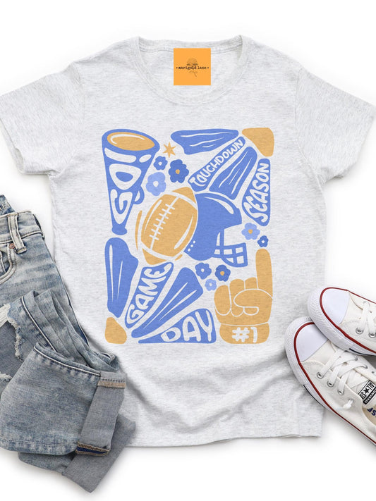 Preppy Youth Football tshirt, retro blue and gold football tshirt, football mom tshirt, coquette game day tshirt, youth tshirt