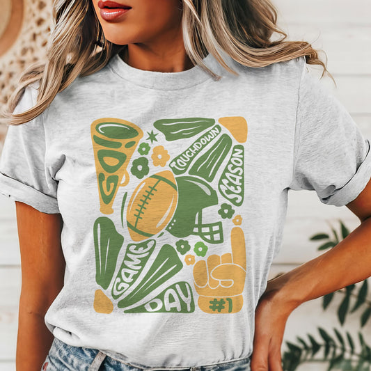 Preppy Football tshirt, retro green and gold football tshirt, football mom tshirt, coquette game day tshirt, mascot tshirt, unisex tshirt