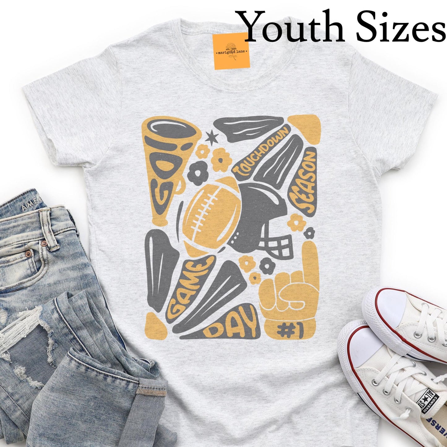 Preppy Youth Football tshirt, retro black and gold football tshirt, football mom tshirt, coquette game day tshirt, youth tshirt