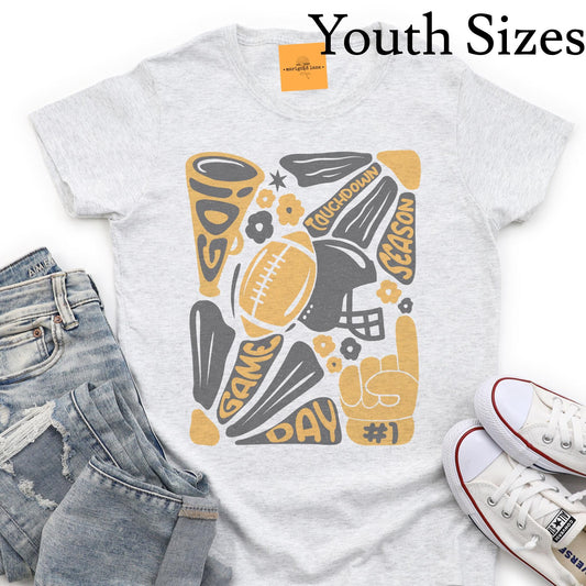 Preppy Youth Football tshirt, retro black and gold football tshirt, football mom tshirt, coquette game day tshirt, youth tshirt