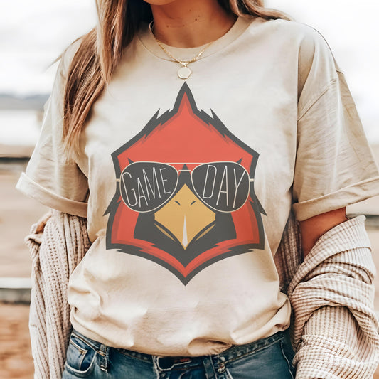 Cardinals with game day glasses mascot, football tshirt, football mom tshirt, cute game day tshirt, mascot tshirt, unisex cut tshirt