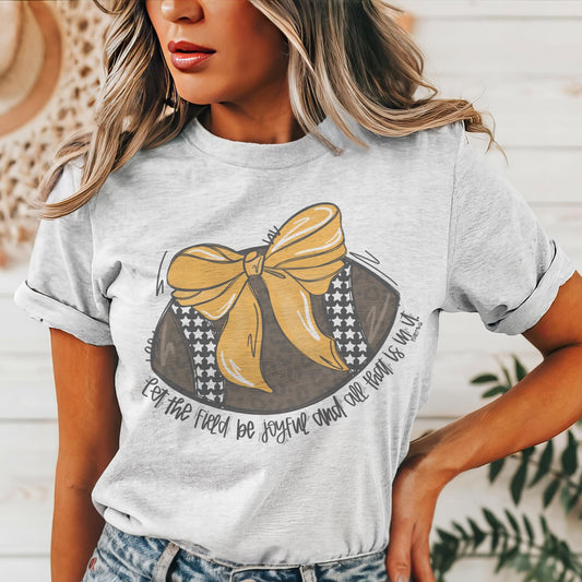 Gold coquette bow football mascot, football tshirt, football mom tshirt, cute christian football tshirt, mascot tshirt, unisex cut tshirt