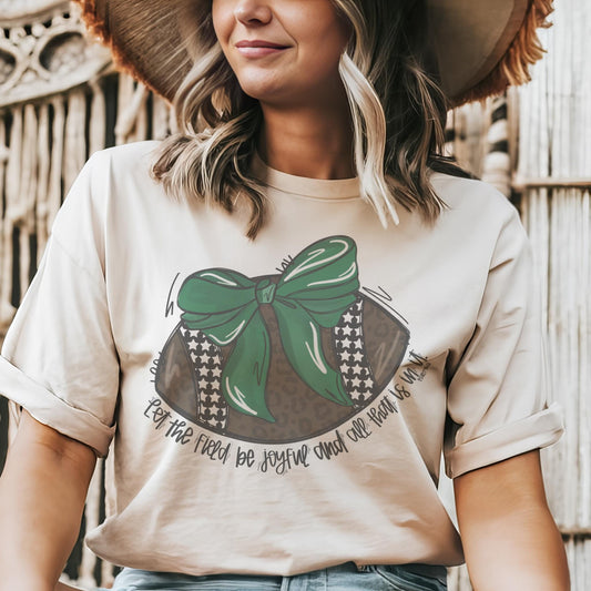 Green coquette bow football mascot, football tshirt, football mom tshirt, cute christian football tshirt, mascot tshirt, unisex cut tshirt