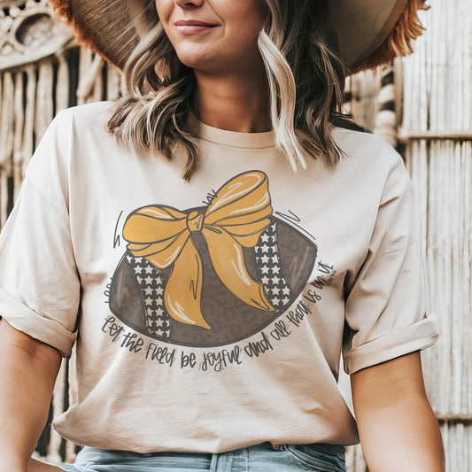 Gold coquette bow football mascot, football tshirt, football mom tshirt, cute christian football tshirt, mascot tshirt, unisex cut tshirt