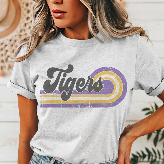 Retro Tigers purple & gold mascot, Tigers game day football tshirt, football mom tshirt, cute game day tshirt, mascot unisex tshirt