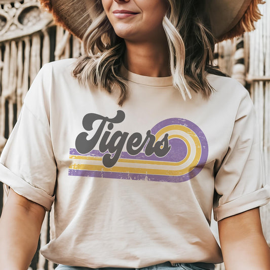 Retro Tigers purple & gold mascot, Tigers game day football tshirt, football mom tshirt, cute game day tshirt, mascot unisex tshirt