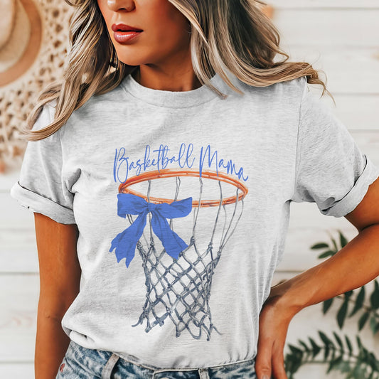 Blue Bow Basketball Mama mascot tshirt, basketball tshirt, basketball mom tshirt, cute game day tshirt, mascot tshirt heather ash tshirt