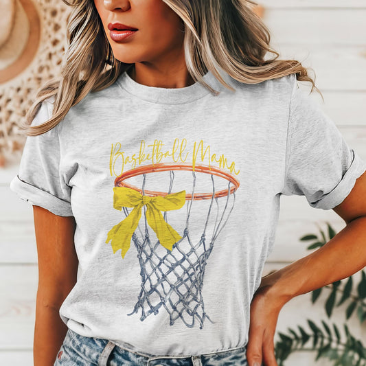 Gold Bow Basketball Mama mascot tshirt, basketball tshirt, basketball mom tshirt, cute game day tshirt, mascot tshirt heather ash tshirt
