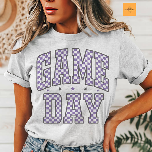 Purple Game Day, Retro gameday tshirt, Game Day mom tshirt, cute game day tshirt, cute Game Day tshirt, checkered game day shirt