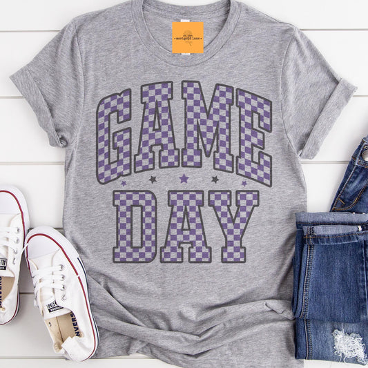 Purple Game Day, Retro gameday tshirt, Game Day mom tshirt, cute game day tshirt, cute Game Day tshirt, checkered game day shirt