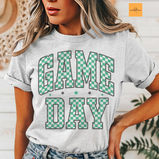Green Game Day, Retro gameday tshirt, Game Day mom tshirt, cute game day tshirt, cute Game Day tshirt, checkered game day shirt