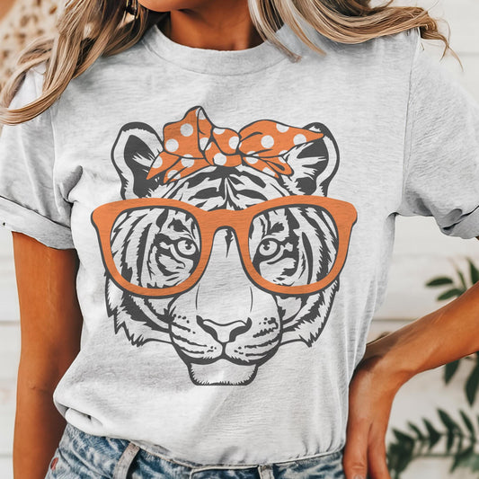 Tigers orange bow and glasses game day mascot, football tshirt, football mom tshirt, cute game day tshirt, mascot tshirt, unisex cut tshirt