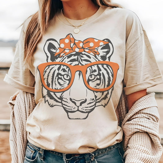 Tigers orange bow and glasses game day mascot, football tshirt, football mom tshirt, cute game day tshirt, mascot tshirt, unisex cut tshirt