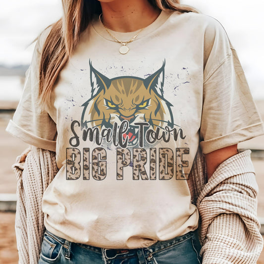 Small town big Pride Wildcat mascot, football tshirt, football mom tshirt, cute game day tshirt, mascot tshirt, unisex cut bobcat tshirt