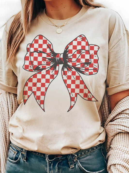 Red Check coquette bow tshirt, red school colors bow Game Day, cuts school color tshirt, cute game day tshirt, mascot unisex tshirt