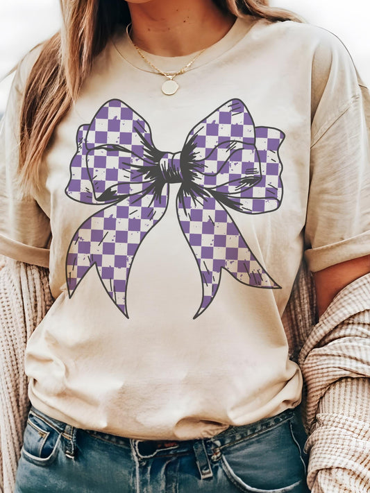 Purple Checkered coquette bow tshirt, purpl school colors bow Game Day, cuts school color tshirt, cute game day tshirt, mascot unisex tshirt