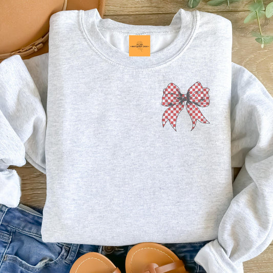 Red checkered coquette bow sweatshirt, Valentine’s Day crewneck, cute bow pocket size sweatshirt, Heather ash unisex sweatshirt
