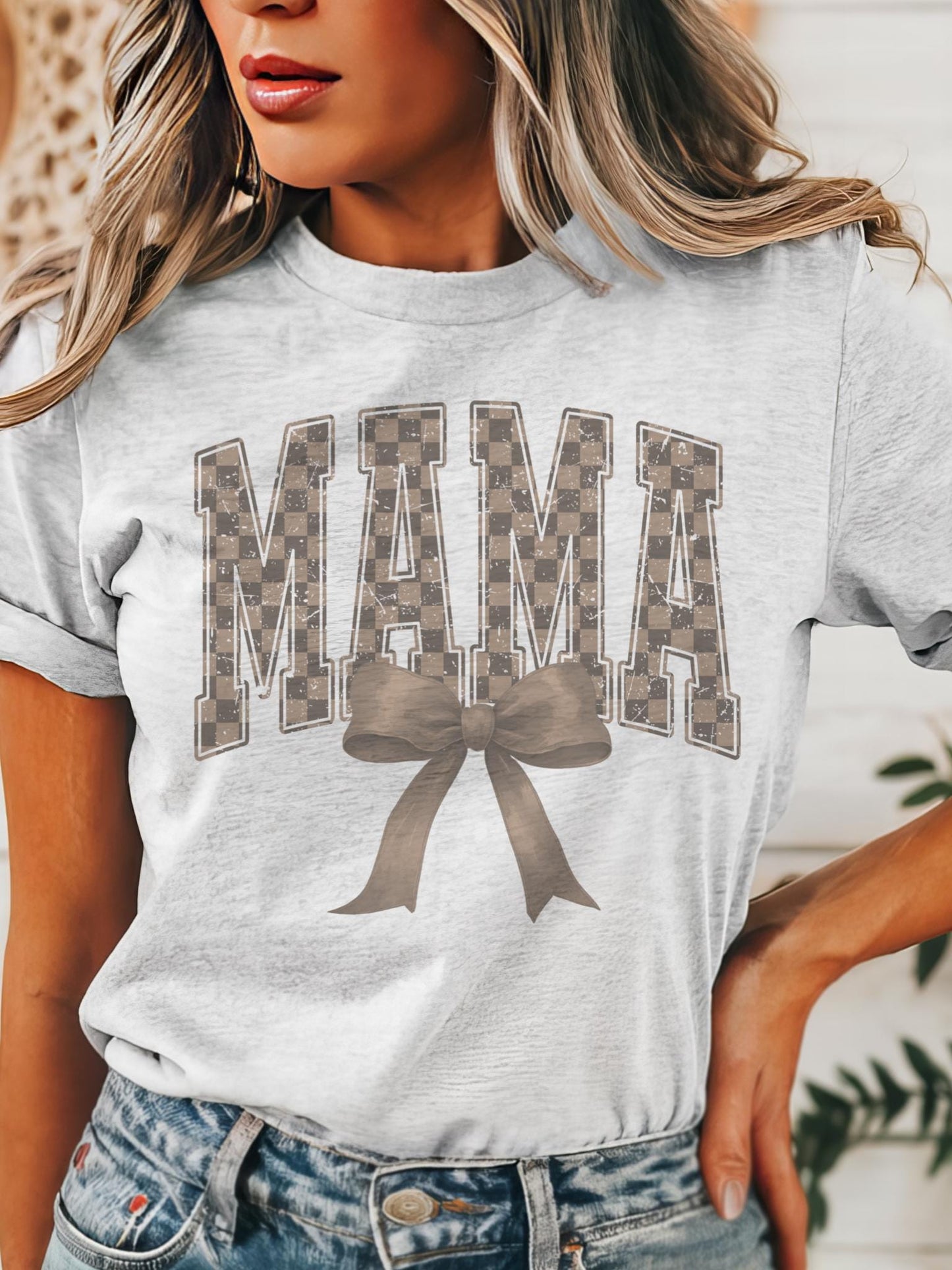 Brown checkered Mama coquette tshirt, mama of a son checkered tshirt multiple color options, cute mama t-shirts, coquette mom tshirt.