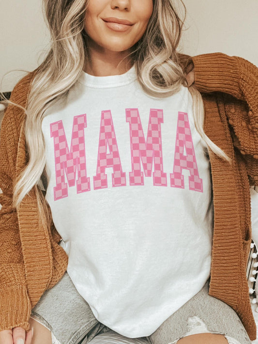 Pink and coral check Mama coquette tshirt, mama of a son checkered tshirt multiple color options, cute mama t-shirts, coquette mom tshirt.