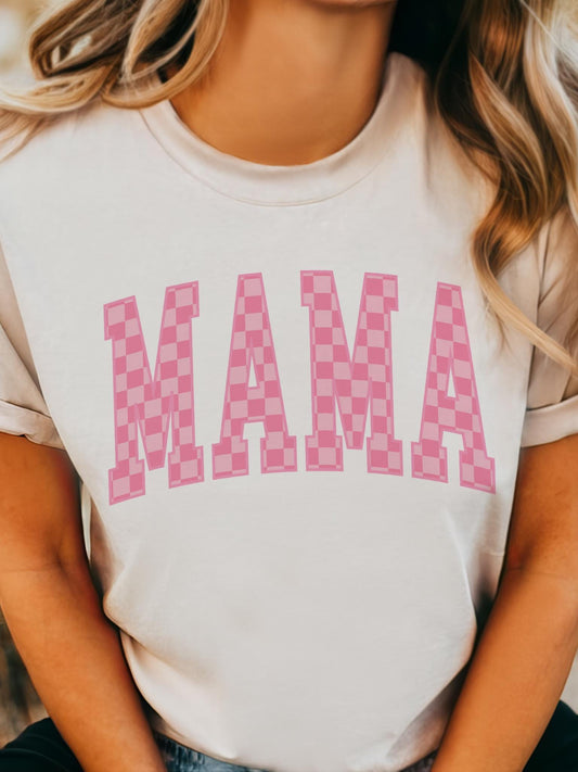 Pink and coral check Mama coquette tshirt, mama of a son checkered tshirt multiple color options, cute mama t-shirts, coquette mom tshirt.