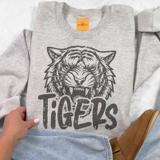 Tigers vintage mascot, Varsity game day football, football mom crewneck, cute game day sweatshirt, Heather ash unisex sweatshirt