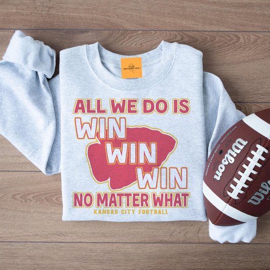 Kansas City all we do is win win win, KC Football game day football, cute game day shirt, retro checkered crewneck ash sweatshirt