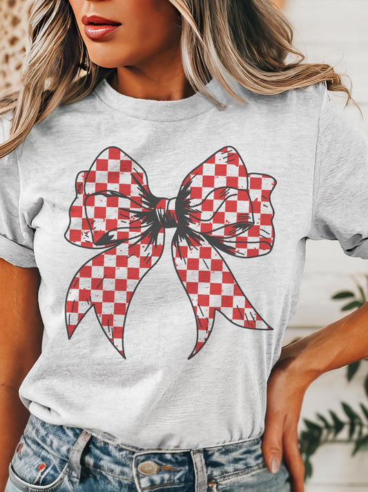 Red Check coquette bow tshirt, red school colors bow Game Day, cuts school color tshirt, cute game day tshirt, mascot unisex tshirt
