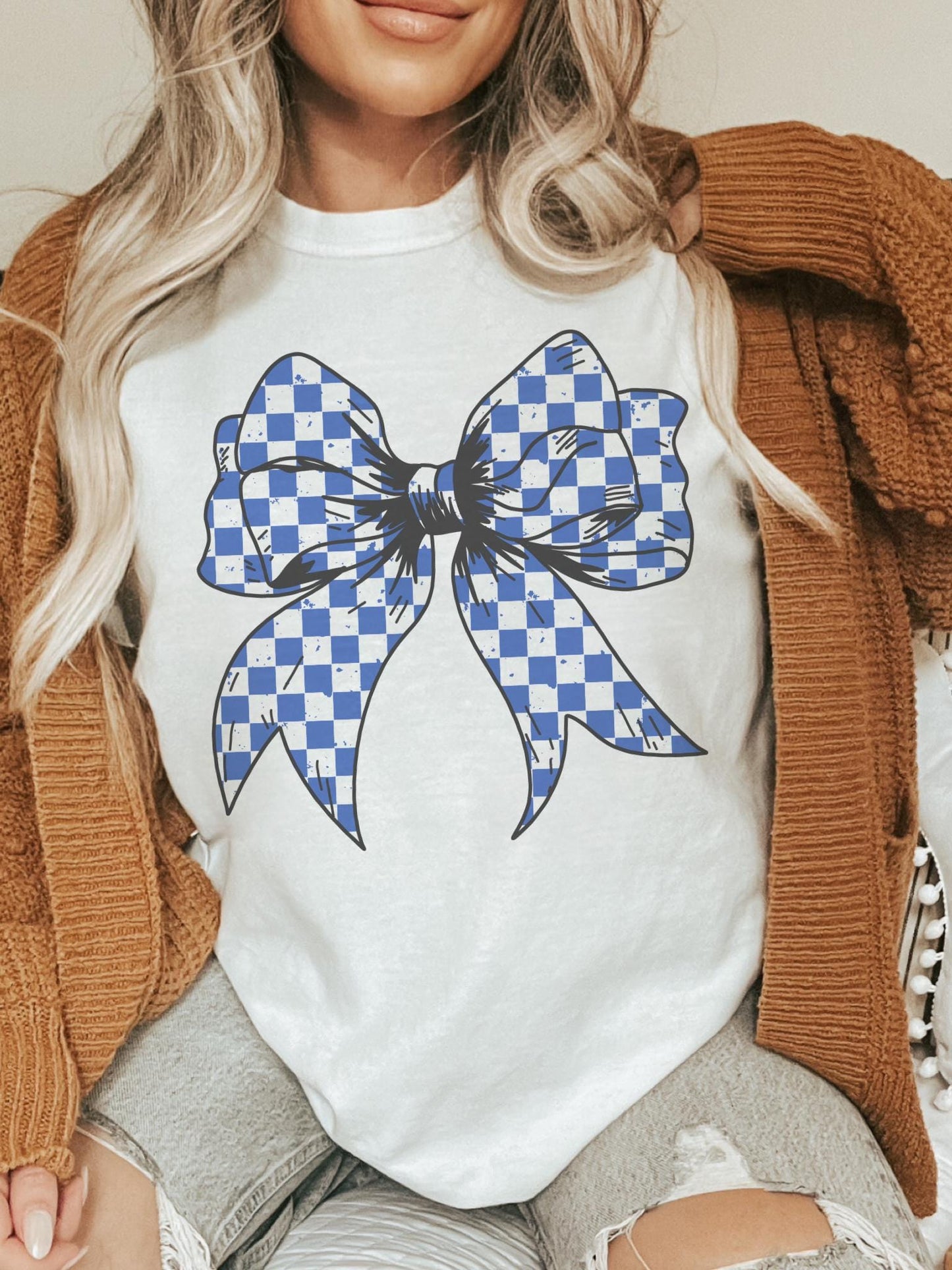 Blue Checkered coquette bow tshirt, blue school colors bow Game Day, cuts school color tshirt, cute game day tshirt, mascot unisex tshirt