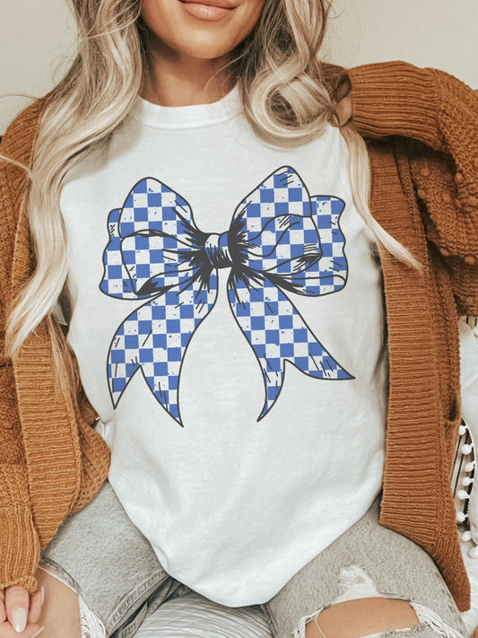 Blue Checkered coquette bow tshirt, blue school colors bow Game Day, cuts school color tshirt, cute game day tshirt, mascot unisex tshirt