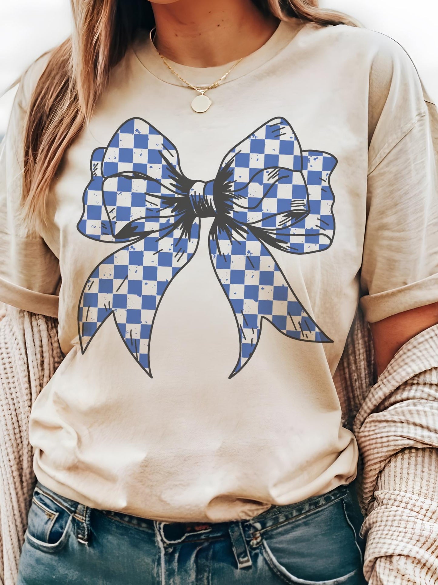 Blue Checkered coquette bow tshirt, blue school colors bow Game Day, cuts school color tshirt, cute game day tshirt, mascot unisex tshirt