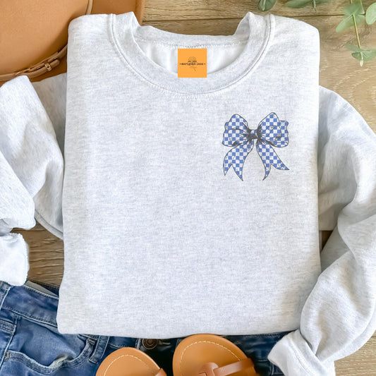 Blue checkered coquette bow sweatshirt, Valentine’s Day crewneck, cute bow pocket size sweatshirt, Heather ash unisex sweatshirt