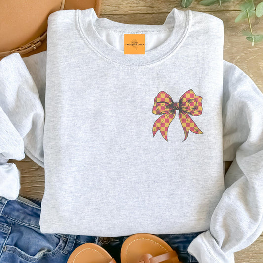 Red & Gold checkered coquette bow sweatshirt, Valentine’s Day crewneck, cute bow pocket size sweatshirt, Heather ash unisex sweatshirt
